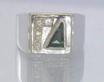 Green Tourmaline White Sapphire 925 Ring Size 9 Geometric Triangle Design 87