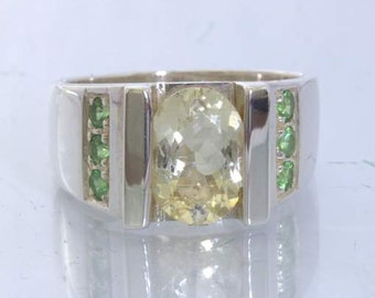 Yellow Labradorite Green Tsavorite Garnet 925 Sterling Ring size 9.5 Design 659