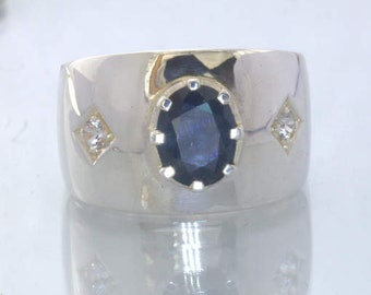 Dark Blue Sapphire White Sapphire Handmade Silver Ring size 9.75 Wide Design 433