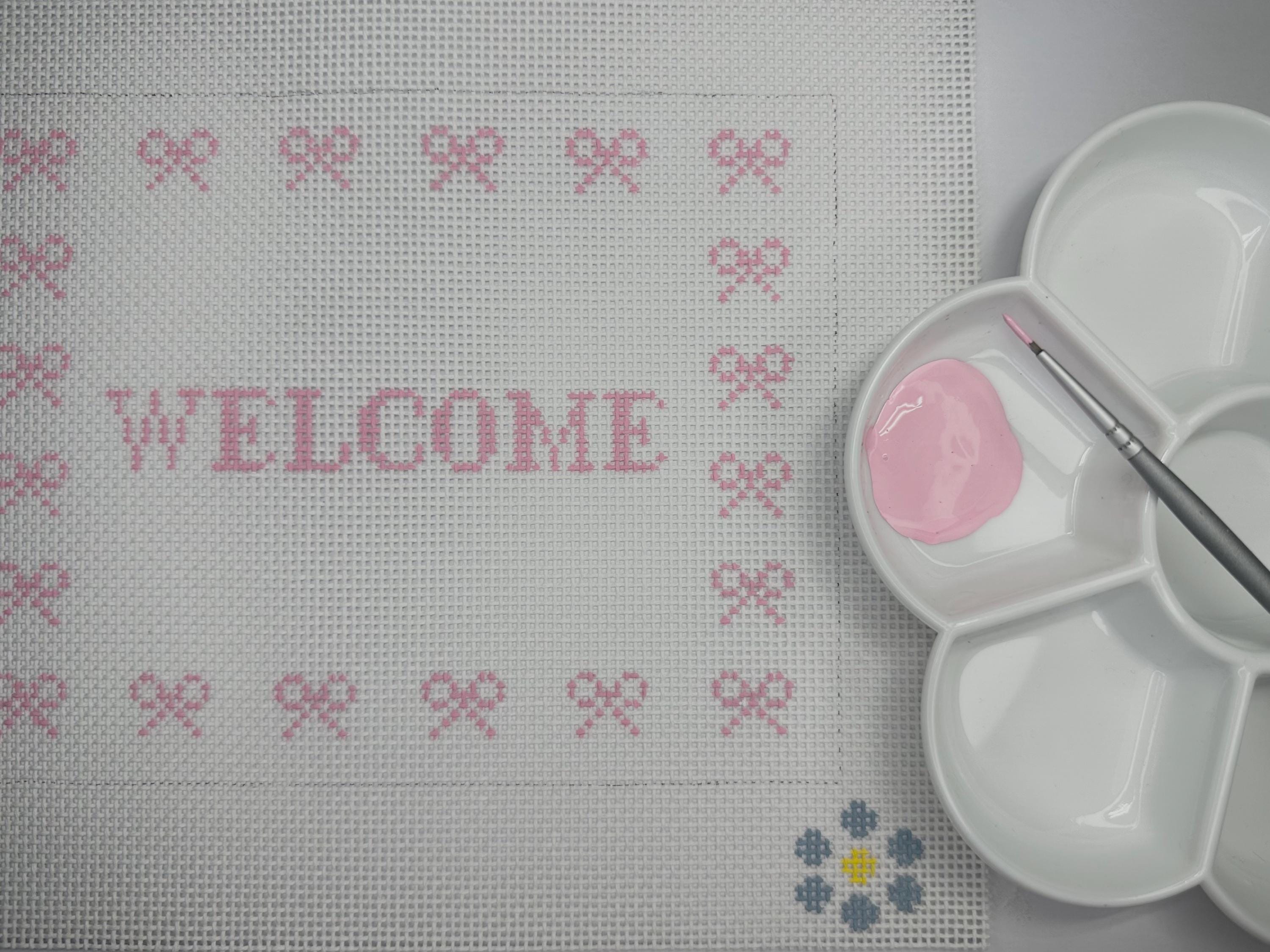 Welcome Sign W/ Bows- Door Hanger Hand Painted Needlepoint Canvas Size ...