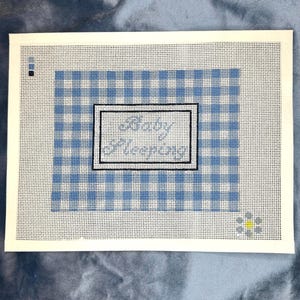 Baby Sleeping Gingham Door Hanger- Hand painted Needlepoint Canvas Size 13. Emma Daisy Designs