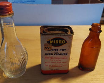 Vintage Mirro Coffee Pot and Perk Cleaner Cardboard Tin W/2 Bonus Bonus Bottles