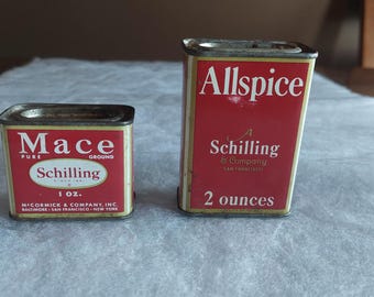Vintage Schilling Mace & Allspice tins. (both have spices still in them)