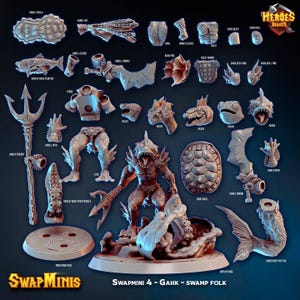 Puede incluir: Una colección de figuras y accesorios de fantasía en miniatura, que incluye un tridente, piezas de armadura y una criatura central del pantano. Las figuras están en varias poses y diseños, con el texto "Heroes & Beasts" y "SwapMinis".
