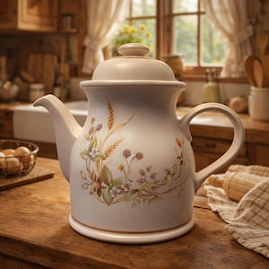 May include: Cream-colored ceramic teapot with a lid and handle. The teapot features a floral design with wheat and berries in shades of brown, green, and pink. The teapot is sitting on a wooden surface.