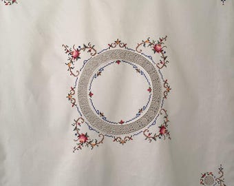 ヴィンテージエクリュコットン刺繍テーブルクロス