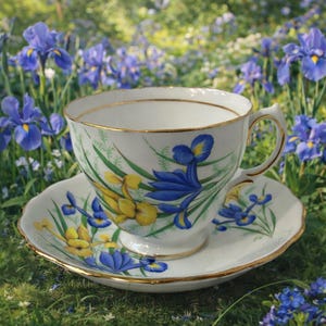 Royal Vale Blue and yellow Iris cup and saucer