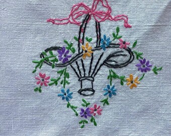 Vintage linen tea towel beige with hand embroidered floral basket