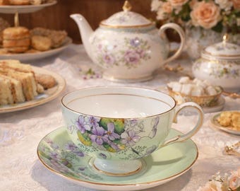 Paragon double warrant Mint green with violets Teacup and Saucer