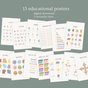 Paquete de decoración para el aula, carteles educativos, descarga digital, 13 impresiones, alfabeto, números, colores, clima, emociones, aprendizaje