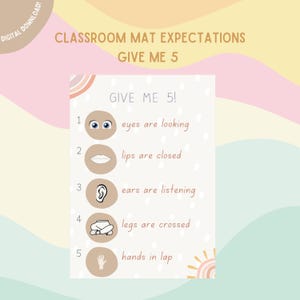 May include: A classroom mat expectations poster with the text "Give Me 5!" and five illustrated steps for students to follow: eyes are looking, lips are closed, ears are listening, legs are crossed, and hands in lap.