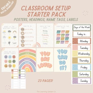 Könnte beinhalten: Ein Klassenzimmer-Setup-Starter-Paket mit 23 Seiten an Postern, Überschriften, Namensschildern und Etiketten. Die Poster zeigen Regenbogenfarben und niedliche Illustrationen. Der Text beinhaltet "Welches Wetter ist heute?", "Gib mir 5!", "Tage der Woche", "Monate des Jahres", "Tage der Woche", "Wie fühlst du dich heute?", "Du bist geliebt", "Du kannst es schaffen!" und "Heute ist..."