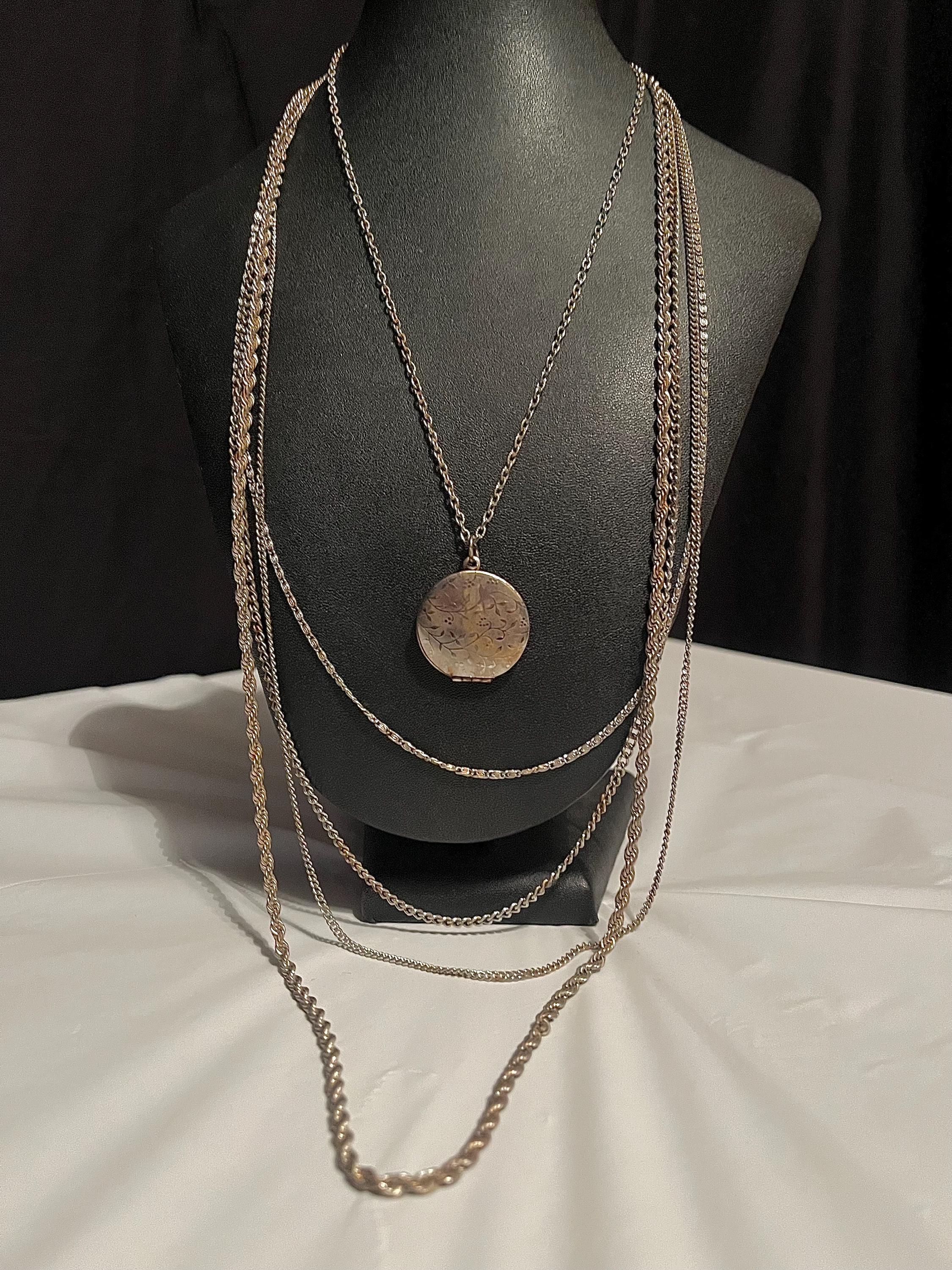 Vintage 5 Strand Chain Necklace with Lovket, Gold Tone Floral Photo Locket Necklace