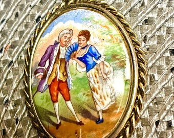 Antique 1920s Limoges France Hand Painted Porcelain Pendant – Victorian Courting Scene, Bronze Set Estate Jewelry