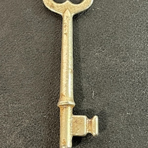 May include: A vintage-style skeleton key with a double-loop bow and a rectangular bit. The key is made of a tarnished, aged metal, likely brass or a similar alloy. The key is a classic design, often used for decorative purposes.