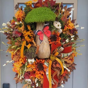 Autumn Woodland Wreath, Mushroom Wreath, Butterfly Wreath,, Sunflower Wreath, Fall Wreath, Woodland Wreath, Fall Door Decoration
