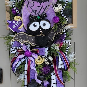Halloween Bat Wreath, Gone Batty wreath, Purple and Black Wreath, Spooky Bat Wreath, Halloween Wreath, Whimsical Wreath, Halloween Decor
