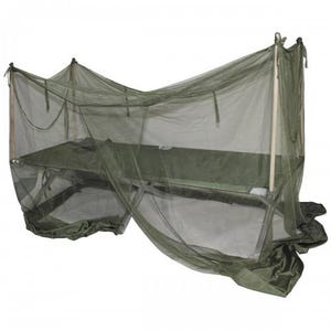 May include: A green mosquito net over a folding camp bed. The net is supported by wooden poles and drapes to the ground. The bed and net are the same shade of green, offering protection from insects. The cot is approximately 190 cm long.