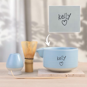 Custom Actual Handwriting Matcha Bowl Set, Blue Matcha Bowl Set, Handmade Matcha Bowl, Ceramic Matcha Bowl, Matcha Gift Set