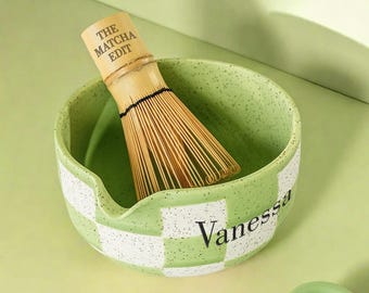 Personalized Matcha Bowl Set | Engraved Ceramic Bowl & Bamboo Whisk Holder
