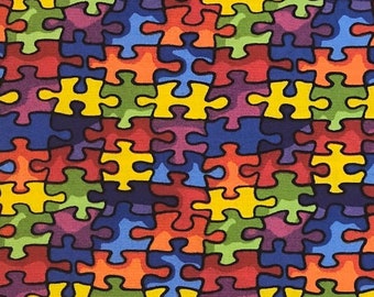 Autism Awareness - Fabric for Face Masks By the Half Yard - OEKO-TEX Style # 19596M Jigsaw Puzzle Blue Red Green 100% Cotton Quilting Fabric