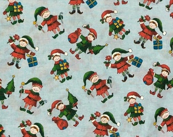 By the HALF YARD - Holly Jolly Christmas by Whistler Studios Elf Elves Poinsettia Light Blue Patt# 51169 Windham Cotton Fabric
