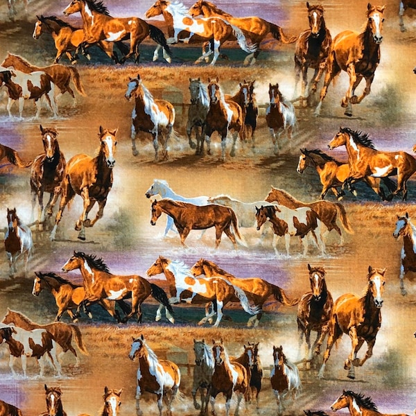 By the HALF YARD - Rows of Running Horses in the Field David Textiles - Wild Wings & Chris Cummings 100% Cotton Fabric