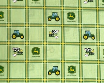 31" Remnant Plaid John Deere Tractor Cow Chicken on Green Blocks Springs Creative CP70170 100% Cotton Fabric