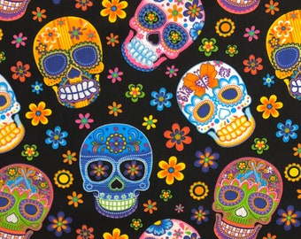 By the HALF YARD Groovy Blue Yellow White Skulls on Black 100% Cotton - Fabric Traditions