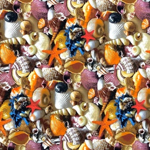 By the HALF YARD Colorful Seashells Red Starfish Blue Coral Elizabeth&#39;s Studio Landscape Medley Patt# 392 Cotton Fabric