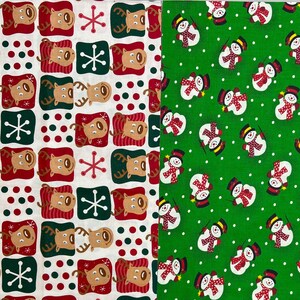 Christmas 2-Piece Remnant Lot - Cute Reindeer Snow Flakes Polka Dots - Snowman Red Scarf Top Hat Green - Face Mask Fabric 100% Cotton #30