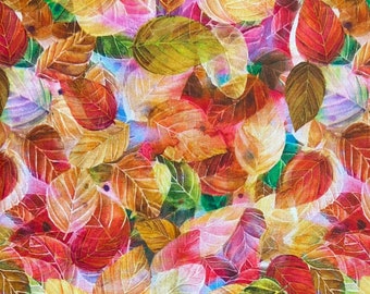 May include: A seamless pattern of watercolor painted leaves in shades of red, orange, yellow, and green. The leaves are overlapping and layered, creating a sense of depth and texture.