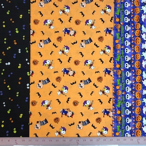Halloween 3-Piece Remnant Lot - Spooky Eyes Peanuts Snoopy Skull Candy Corn Boo Bat Ghost Trick or Treat Stripe Fabric for Face Mask #16