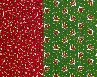 Christmas 2-Piece Remnant Lot - Candy Cane Starlight Mint on Red - Gingerbread House Star Lollipop Green - Face Mask Fabric 100% Cotton #32