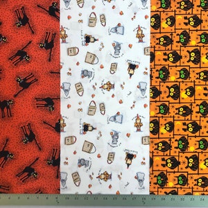 Halloween 3-Piece Remnant Lot - Black Cat on Red Ghost Bear Apple White Owls Green Yellow Eyes Moon Stars Cotton Fabric for Face Mask #6