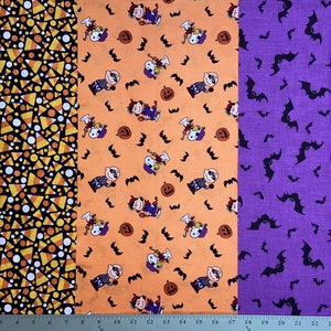 Halloween 3-Piece Remnant Lot - Candy Corn - Peanuts Lucy Charlie Brown Snoopy - Bats with Green Eyes on Purple - Fabric for Face Mask #21