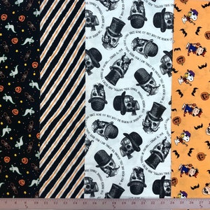 Small Flaws - Halloween 4-Piece Remnant Lot - Ghost Bat Pumpkin Diagonal Stripe Poe Skull Mustache Peanuts Fabric for Face Mask Cotton #3