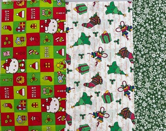 Christmas 3-Piece Remnant Lot - Hello Kitty Santa Hat Gifts Stocking - Bells Words - Snowflakes Green - Face Mask Fabric 100% Cotton #33