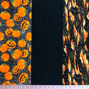 Halloween 3-Piece Remnant Lot - Happy Jack O&#39; Lantern Pumpkin Spider Web Orange Clouds Metallic Gold Black Solid Fabric for Face Mask #17