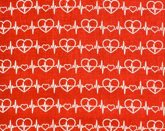 By the HALF YARD First Responder Tribute Nurse Doctor Echocardiogram EKG White Heartbeat Red Cotton Fabric Traditions