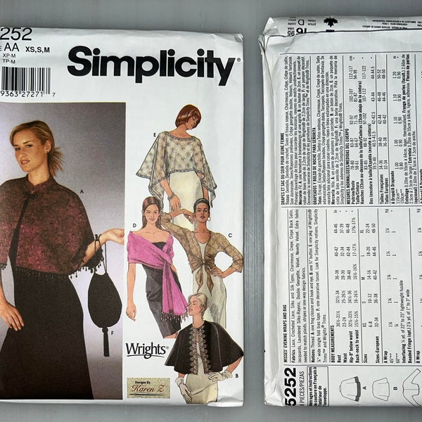 Simplicity 5252 Size AA (XS-M) Misses' Evening Wrap and Bag Formalwear Wrights Sewing Pattern New Uncut w/ Factory Fold