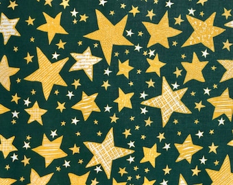 55 Inches Wide By the HALF YARD - Holiday Gold & White Stars on GREEN Christmas Cotton Quilting Fabric Great for Table Cloth Face Masks