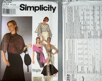 Simplicity 5252 Size AA (XS-M) Misses' Evening Wrap and Bag Formalwear Wrights Sewing Pattern New Uncut w/ Factory Fold