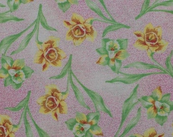 By the HALF YARD Signature Out of Print Tulips and Daffodils Floral Flowers Tonal Pink Background Cotton Quilting Fabric