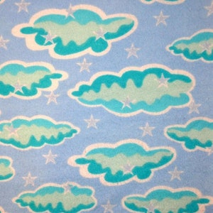 By the HALF YARD Puffy Bluish Green CLOUDS and Stars Soft Cotton Flannel Fabric