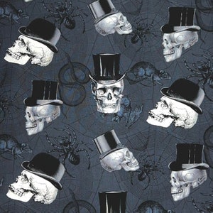 May include: A repeating pattern of skulls wearing top hats and bowler hats on a dark blue background with spiderwebs and spiders. The skulls are white with black eyes and a black nose.