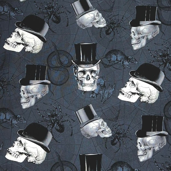 By the HALF YARD - Large Skulls w/ Top Hats Rats Snakes Spiders Charcoal Gray Timeless Treasures Patt WICKED-C1445 100% Cotton Quilt Fabric