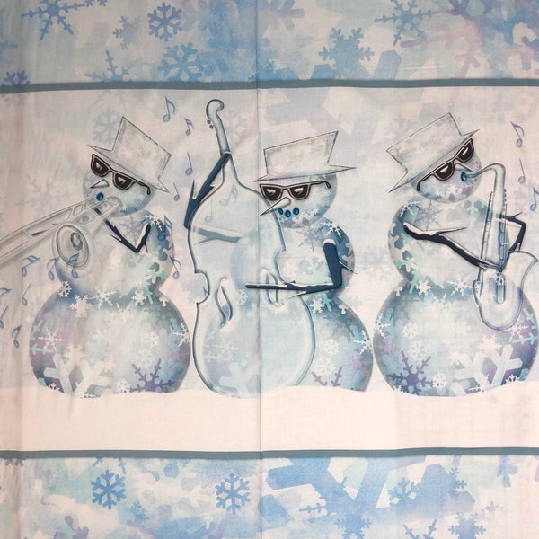 36" x 44" Fabric Panel Blues Brothers Musical Snowmen Instruments Saxophone Cello Trombone Kate Ward Thacker Snowman CP69517 Springs Cotton