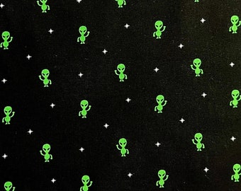 By the HALF Yard Green Aliens White Stars Black Outer Space Martian Timeless Treasures of SoHo Patt# FUN-C4621 100% Cotton Quilting Fabric