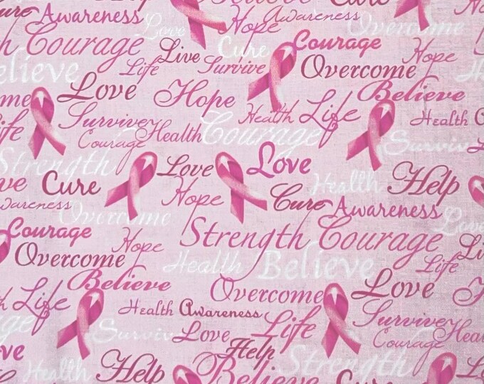 By the HALF YARD Breast Cancer Awareness Pink Ribbons Words Courage ...